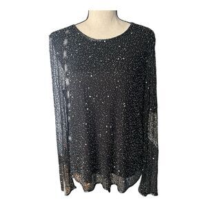Vintage Fashion Bug Black Beaded Sequin Sheer Top XL Party Blouse 90s Y2K